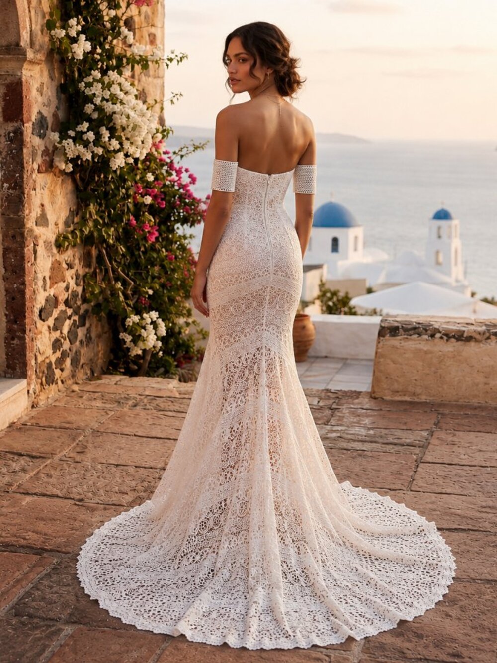Boho Lace Mermaid Wedding Dress Size 6 Detachable Sleeves NWOT - Picture 3 of 8